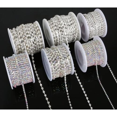 Hot Sale 10yards/roll Rhinestone Chain Clear/White AB Rhinestone Silver Plated Chain Craft Apparel Sewing DIY Clothes Accessory