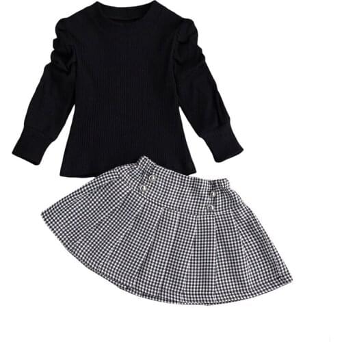 Lioraitiin 1-7Years Toddler Baby Girl 2Pcs Fashion Autumn Clothing Set Long Sleeve Solid Top Plaid Skirt Outfit