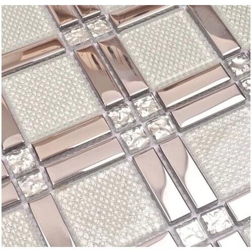 White glass mixed silver stainless steel mosaic and diamond for kitchen backsplash tile bathroom shower tile hallway border