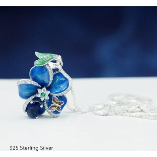 Buyee 100% 925 Sterling Silver Necklace Women Big Blue Stone and Bright Blue Enamel Flower Necklaces for Women Fashion Jewelry