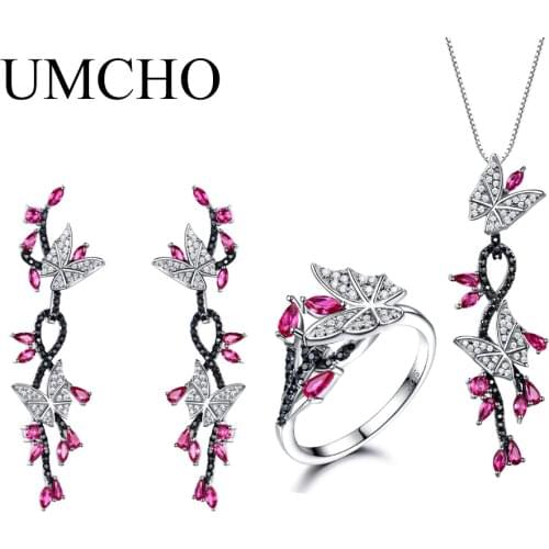 UMCHO 925 Sterling Silver Butterfly Jewelry Set Romantic Ruby Black Spinel Gemstone Rings Pendant Drop Earrings For Women Gift