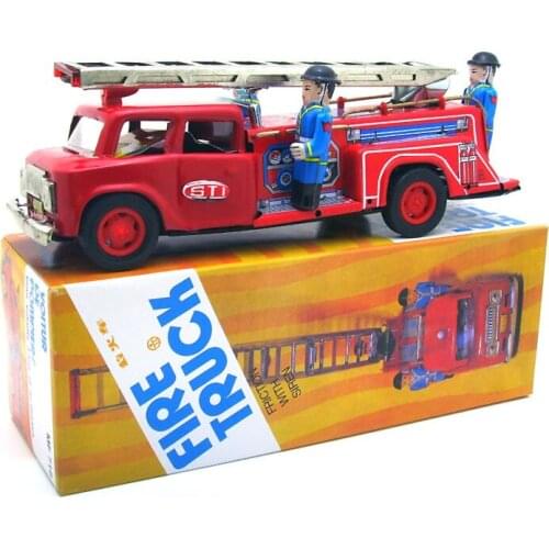 [Funny] Adult Collection Retro Wind up toy Metal Tin fire fighting truck car firefighters Mechanical toy figures model kids gift