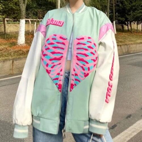 Cartoon Anime Heart Bone Print Casual Women Coats Fashion Simple Elegant Spring Stand Collar Y2K Vintage Jacket Baseball Uniform