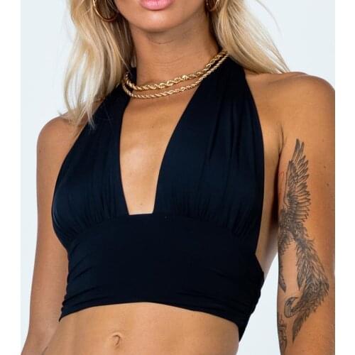 Women Summer Tank Tops Solid Color Hanging-Neck Sleeveless Backless Crop Tops for Girls Black