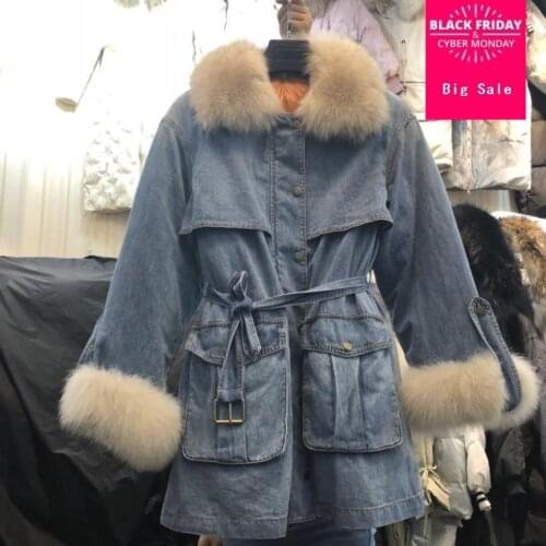 2020 winter new fashion brand denim real fox fur down jacket female natural real fur collar thicker warm longer down coat wq252