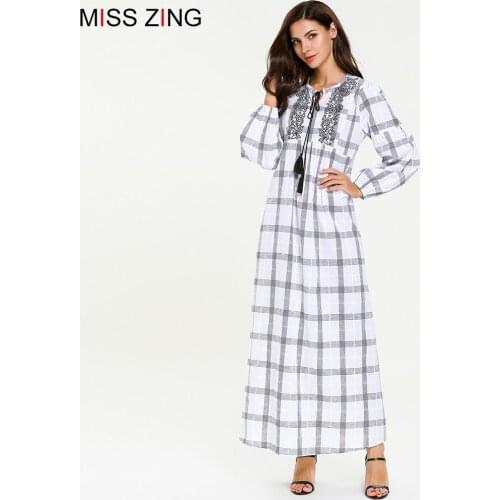 Miss Zing Fashion Women Grid Full Dress Maxi Abaya Skirt Kimono Loose Robe Gowns Muslim Clothing Middle East Islamic Prayer New