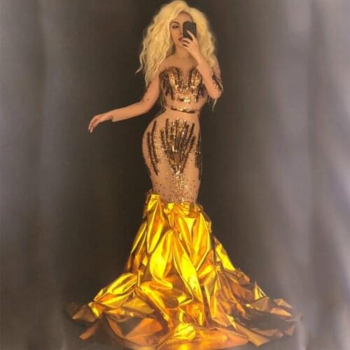 Women Sexy Net Yarn Gold Dress Sparkling Paillettes Crystals Nightclub Party Stage Wear Show Bling Costumes for Dancer Singer