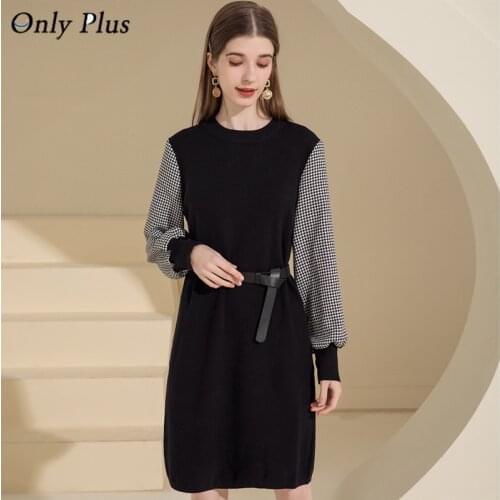 ONLY PLUS Black Knitted Chic Loose Dresses Causal Sashes Vintage Women Winter Mini Dress Patchwork houndstooth Sleeve Vestidos