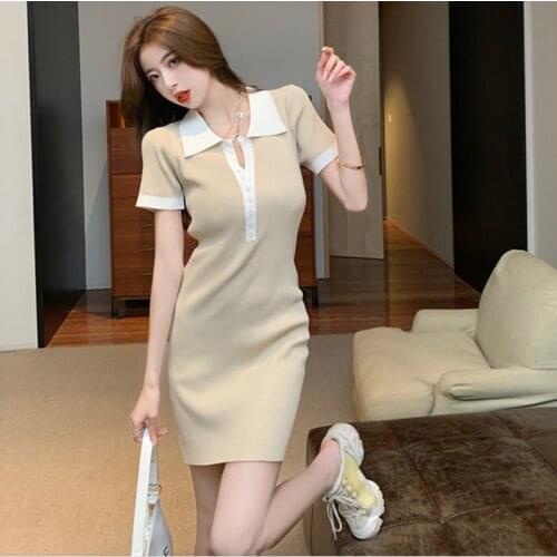 2021 Women Knit Dress Summer Short Sleeve Hit Color Polo Dress Elegant Fashion A-Line Mini Work Party Vestidos