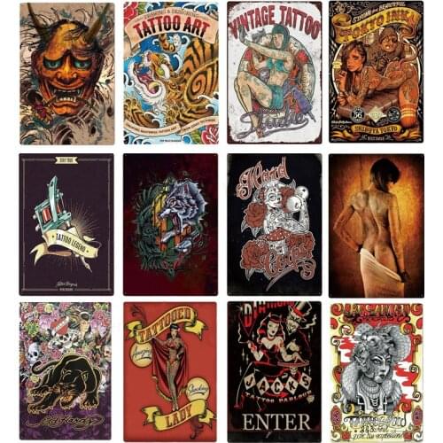 Vintage Tattoo Studio Store Wall Decor Tattoo Tin Sign Sexy Lady Girls Metal Signs Man Cave Pin Up Sign Tin Plate Poster Plaques