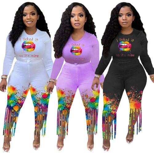 2021 Winter Ladies European And American Fashion Casual Womens Lips Splash Ink Printing Two-Piece Set