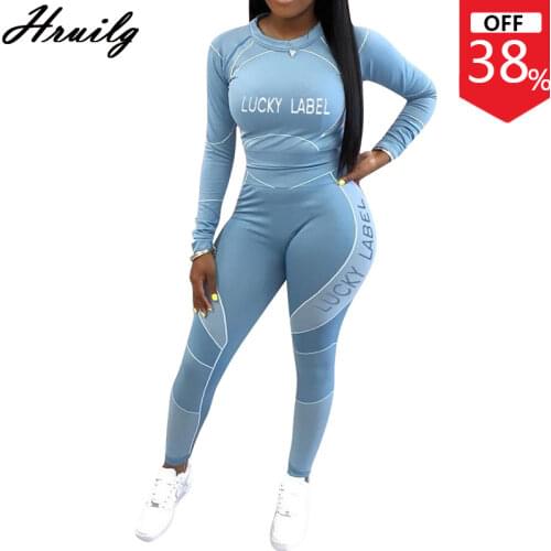 Fashion New 2 Piece Sets Womens Outfits Long Sleeve Tops Woman Pants Color Matching Tracksuit Luck Label Print Casual 2 Pc
