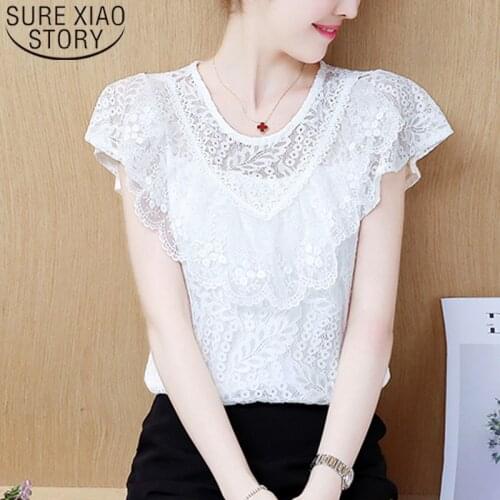 Blusas Mujer De Moda 2021 Ladies Tops Lace Blouse Shirts Women Tops Blouse For Women Short White Shirt Spliced Solid 4872 50