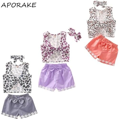 2021 0-4Y Summer Kids Baby Girl Clothing Fashion New Leopard Print Bow Back Crop Top Vest+Flower Solid Shorts+Headband 3pcs Set