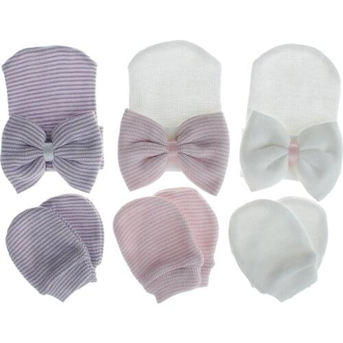 3 Pcs/set Simple Newborn Baby Births Cap Glove Set Soft Cotton Kids Infants Anti-scratch Gloves Hat Gifts