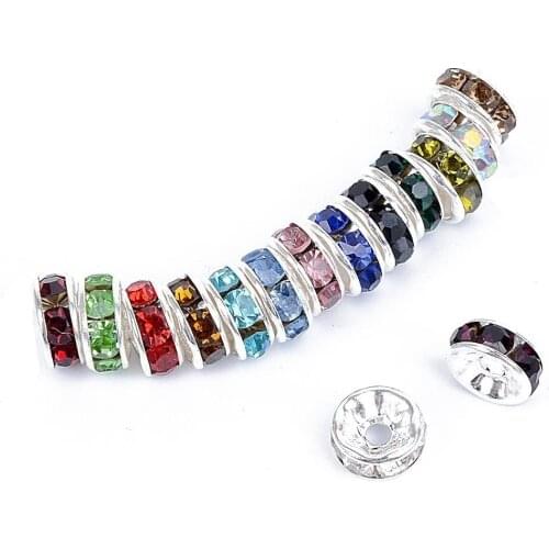 8MM Metal Silver Plated Crystal Rhinestone Rondelle Spacer Beads 11Colors For Choose 100Pcs Free Shipping (w03270-w03281)