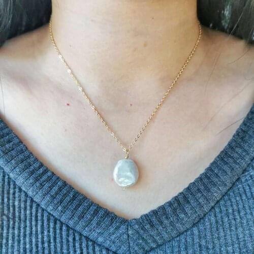 Big Baroque Freshwater Pearl Necklace 14K Gold Filled Square Round Pendants Hand Made Boho Neck Chains For Women Pearl Necklace