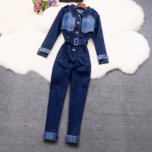Spring autumn casual safari style denim playsuits women lapel plaid stitching slim overalls jeans