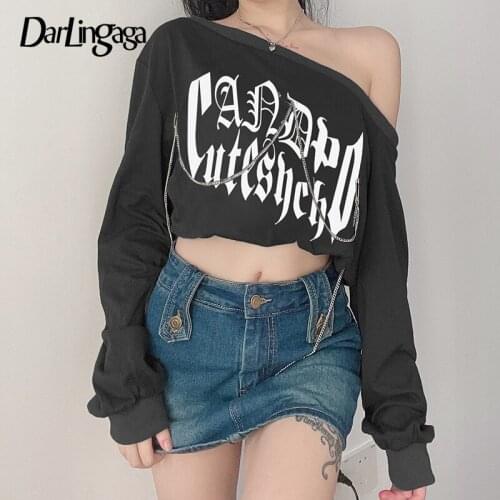 Darlingaga Korean Fashion Letter Print Punk Pullover Women Sweatshirt Diagonal Collar Chain Harajuku Cropped Sweatshirts Autumn
