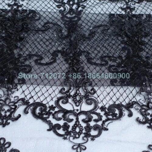 La Belleza 1 yard Black/ivory(Off-white) robin sequins on netting embroidered wedding/ evinging/show dress france lace fabric