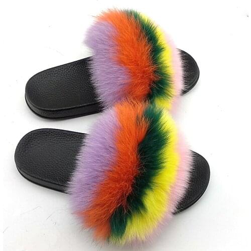 Summer wowen colorful Fox fuzzy slippers ladies real fox fur slide fluffy Furry flip-flops fur siippers fashionable claquette