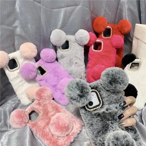 Furry Panda Rabbit Bunny Fur Case for Motorola Moto One Action Vision Macry Hyper E5 E6 Play Fusion Plus Cute Protection Cover