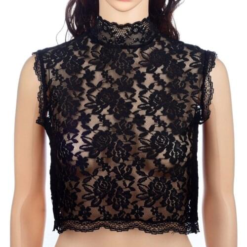 Fashion Women Shirt Lace Blouse Summer Tops Sexy Turtleneck Sleeveless Lace Hollow Put Crochet Female White Blouse Shirt