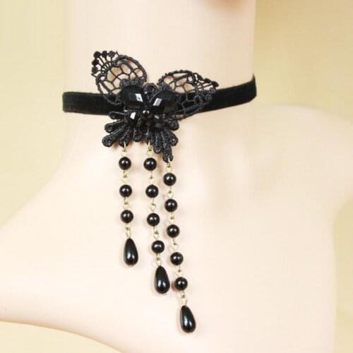 New Exquisite Model Black Lace Butterfly and Rosary Bead Tassels Girl`s Velvet Choker Fashion Jewelry