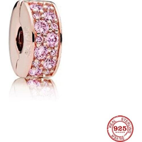 New Original Rose Gold Round Pink Pave Clip Bead Fit European Pandora Charms Bracelet Bangles Diy Jewelry P090-fen