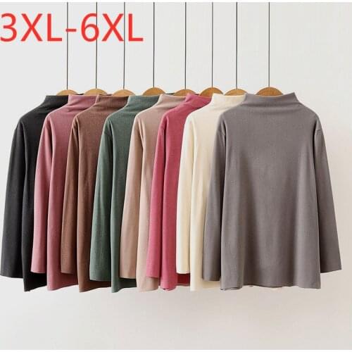 New 2021 Ladies Autumn Winter Plus Size Basic Tops For Women Large Long Sleeve Cotton Gray Turtleneck T-Shirt 3XL 4XL 5XL 6XL