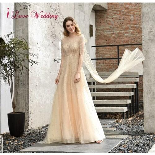 Vestidos de fiesta de noche 2020 Luxury Evening Dresses Long Champange Party Gown A Line Dubai Evening Beaded Dress