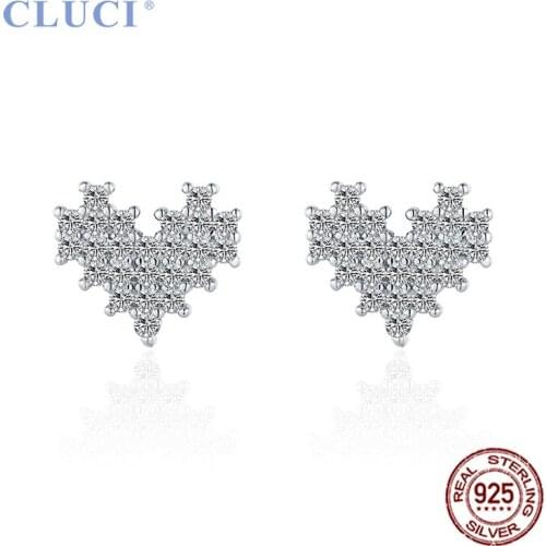 CLUCI Silver 925 Romantic Love Heart Stud Earring Full with Shining Zircons Women Wedding Engagement Earrings Jewelry DE014SB