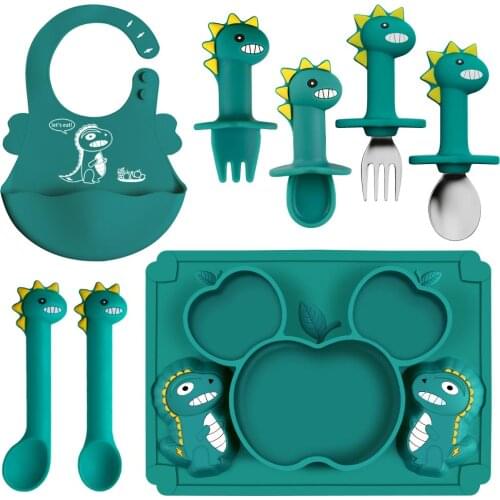 3pcs Silicone Baby Feeding Set Suction Cup Plate with Spoon & Fork Dinosaur Dispensing Baby Dishes Childrens Tableware Set Kids