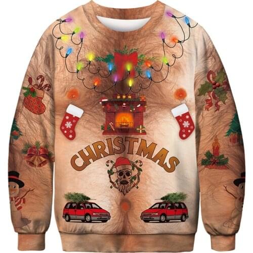 Unisex Mens Womens Ugly Christmas Sweater Vacation Santa Elf Funny Christmas Fake Hair Jumper Autumn Winter Tops Clothing Gift