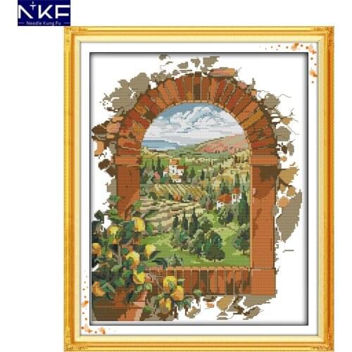 NKF The Door of The Winery Stamped Cross Stitch DIY Kits Needlework Embroidery Set Chinese Cross Stitch for Home Decor