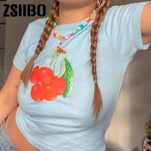 Y2k Blue T Shirt Short Sleeve Pullovers Women Summer Tshirt Harajuku Cute Sweet Tee Top 90S clothes ins Cherry Printed Crop Top