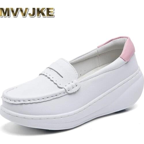 MVVJKEWhite Genuine Leather Platform Loafers Women Nurse Shoes Round Toe Slip-on Thick Flats Breathable Soft Cowhide Chunky Flat