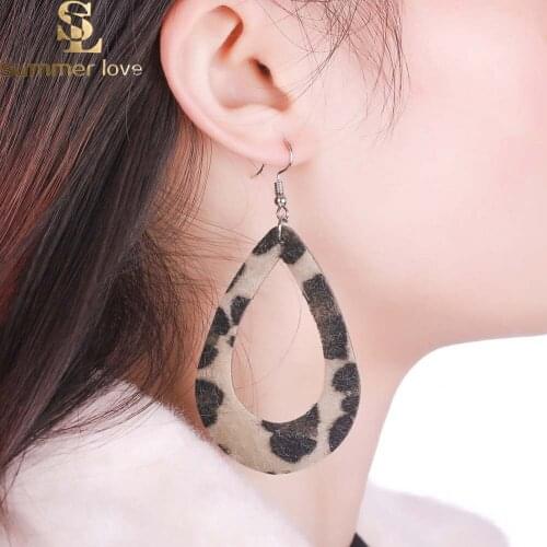 Unique Exaggerant Horse Hair Leopard PU Faux Leather Earrings Fashion Hollow Teardrop Drop Dangle Earrings for Women Jewelry New