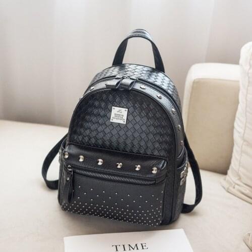 Womens Backpack 2021 New PU Leather Woven Pattern Travel Bag Fashion Personality Rivet Backpack Fashionable Backpacks for Women