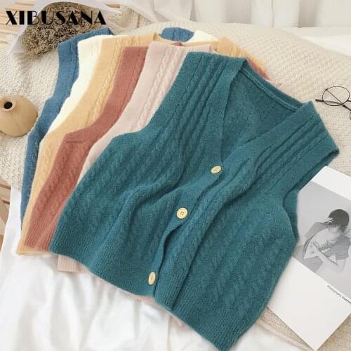 Women Tank Top Knitted Vest Sweater Cardigants Autumn Winter Female Loose V-neck Knitting Sleeveless Sweater Casual Plaid Vest
