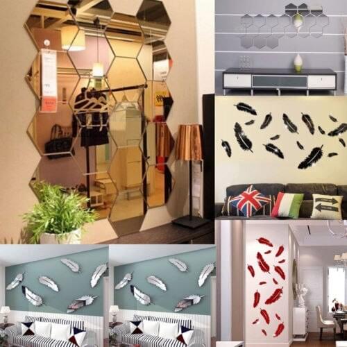 3D Mirror Wall Sticker Feather DIY Art Mural Home Room Decor Acrylic Decals