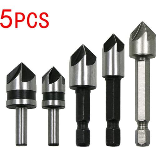 5pc Industrial Countersink Drill Bit Set 5 Flutes Counter Sink Woodworking Drill Bits Metal Working Chamfer Chamfering Cutter