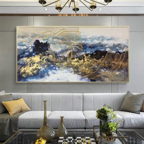Abstract Gold Painting Hand Painted Canvas Wall Art Pictures For Living Room Decoration Gold Lines Home Decor Blue Texture