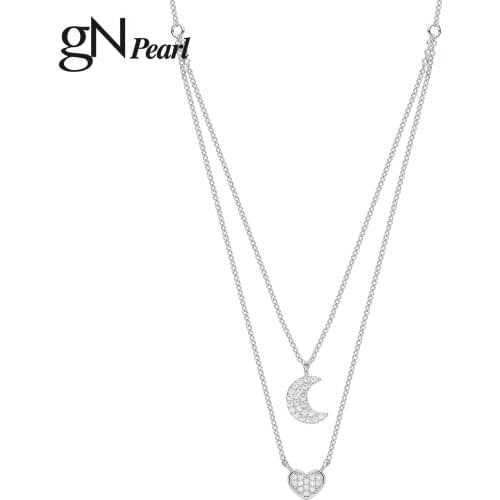 GN Pearl Double Layer Necklace Heart And Moon Creative Simple Sliver Pendant Chocker Accessories For Women Girls Gift gN Pearl