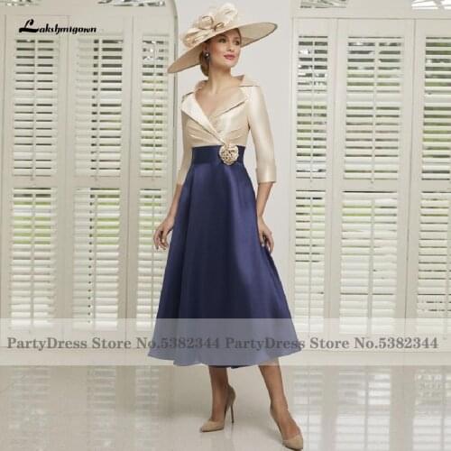 Lakshmigown Tea Length Mother of The Bride Dress Elegant 2020 Groom Mother Wedding Party Dress Navy Champagne Satin Evening Gown