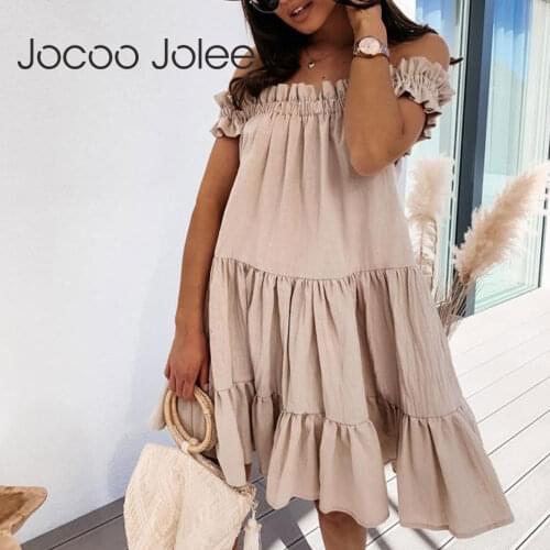Jocoo Jolee Elegant Off Shoulder Ruffles White Dress Women Summer Sexy Backless Loose Dress Casual Beach Party Sundress Oversize