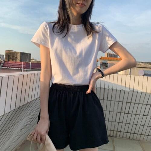 Women T Shirt Cotton Solid Summer Short Sleeve Oversized T-shirt Harjauku Lady Tops Fashion Simple Round Neck Casual Tshirts