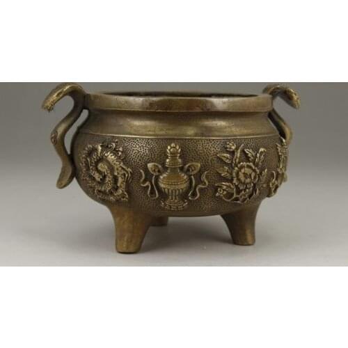 Exquisite Chinese Old Copper Handwork Dragon Flower Incense Burner