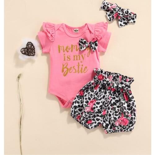 FOCUSNORM 0-18M Newborn Baby Girls Clothes Sets 3pcs Letter Printed Short Sleeve Romper Tops Flowers Shorts Headband