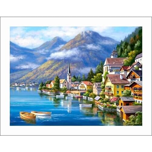 Port city mountain scenery For Embroidery Needlework 14CT Counted Unprinted DIY Cross Stitch Kits Handmade Art Wall Decor